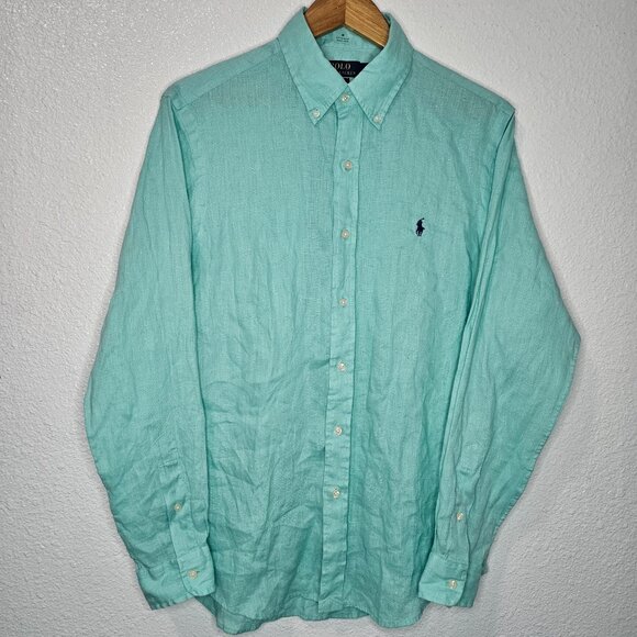 Linen button down dress shirt (turquoise) - Picture 1 of 5